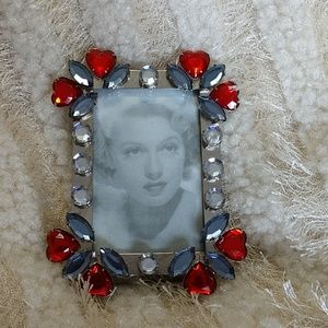 RARE Photo Frame Jeweled Hearts Red Bling Easel Back Picture Display Mini Vintge